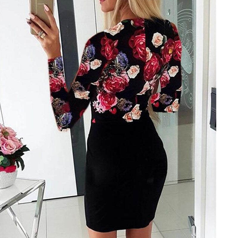 Autumn and Winter Sexy Deep V-neck Print Women's Long-sleeved Bag Hip Skirt