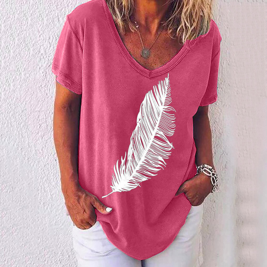 Women's summer new V-neck leaves printed short-sleeved T-shirt