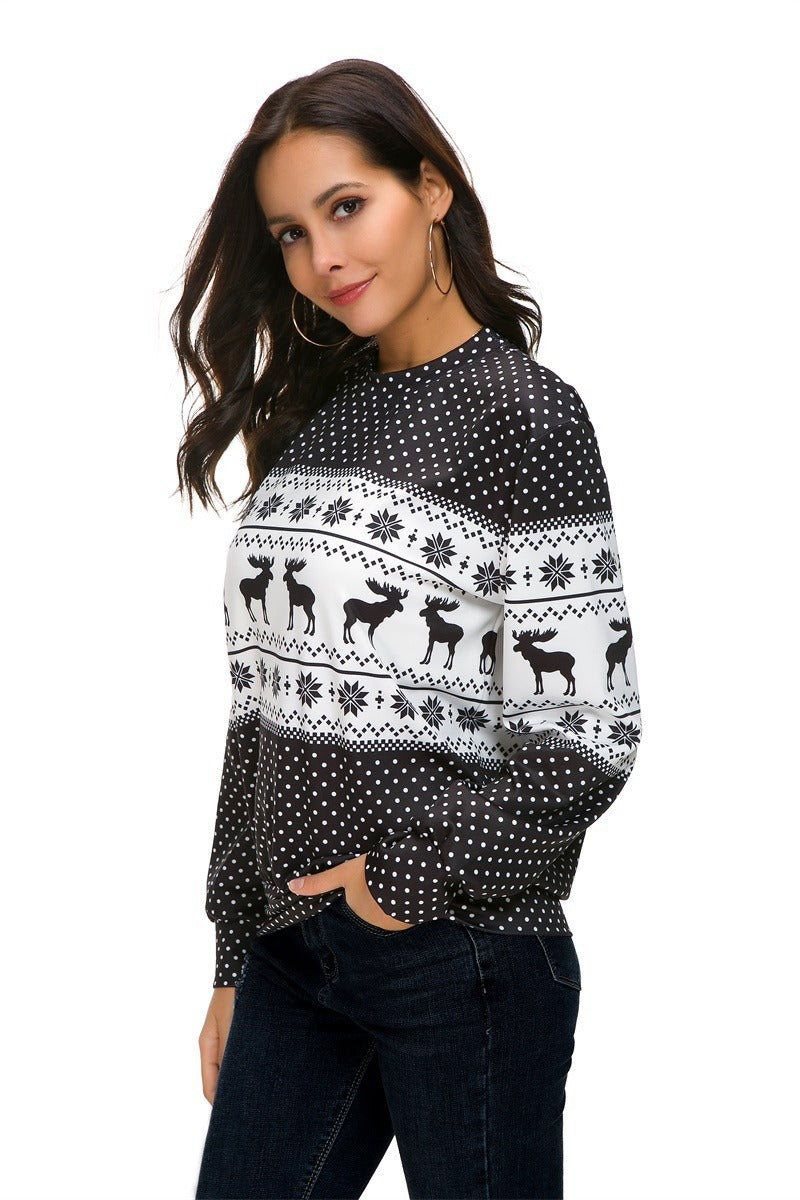 Christmas round neck polka dot Christmas deer print long-sleeved T-shirt sweater