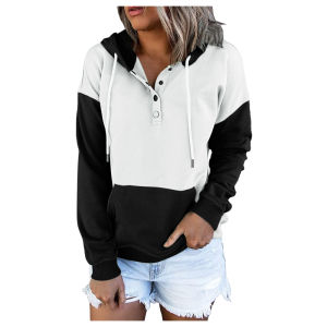 Winter New Style Contrast Stitching Loose Hooded Sweatshirts Women Casual Button Pullover Hooded Hoodies Outwear