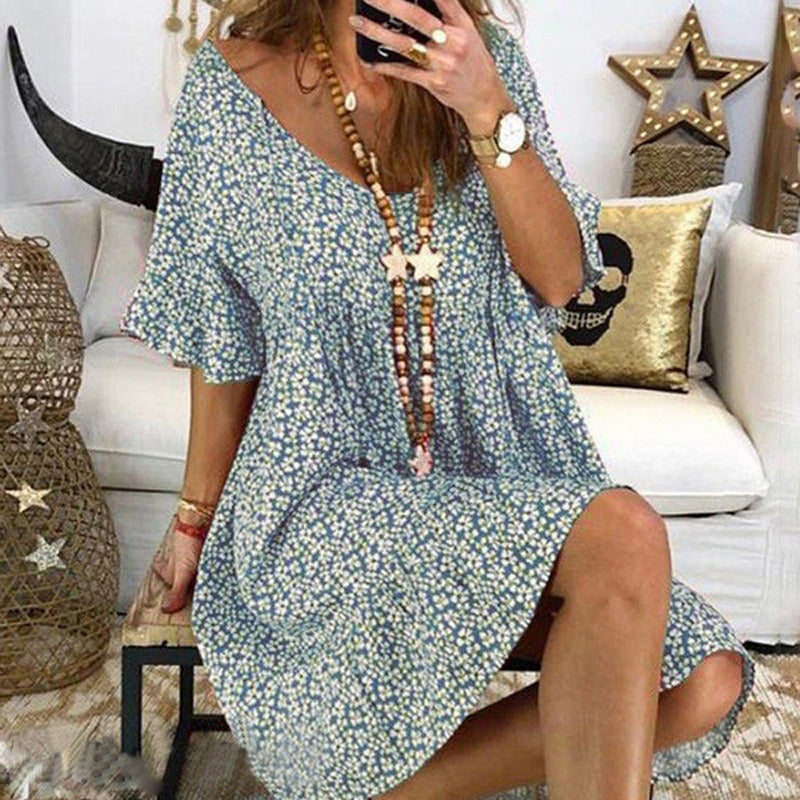 summer new women's wide V-neck loose trumpet sleeve print dress