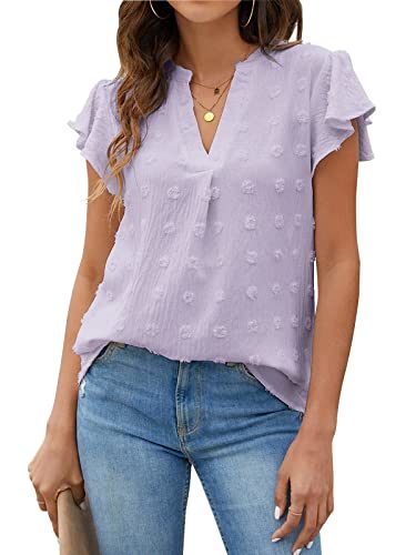 Womens White Blouse V Neck Ruffle Sleeve Flowy Shirts Dressy Casual Cute Summer Tops