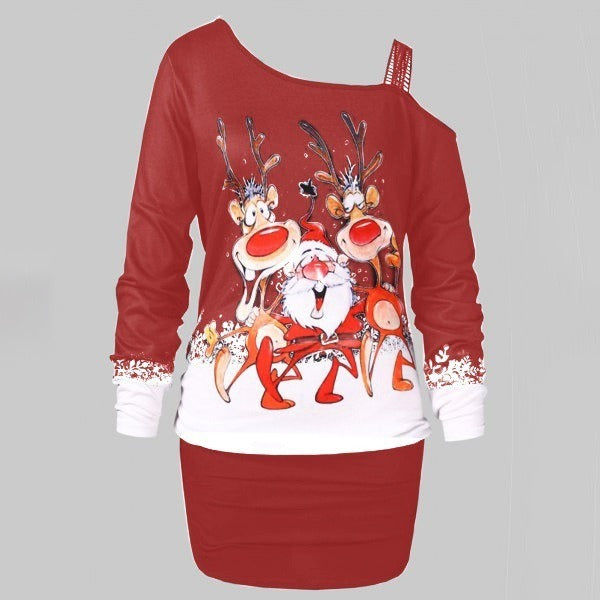 Women's Fashion Plus Size Lace Off Shoulder Christmas Santa Claus Elk Print Casual Tunic Long Tops Christmas Sweatshirts