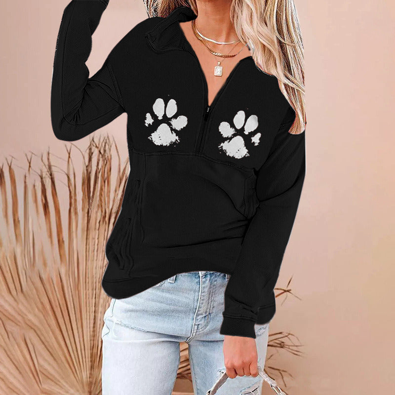 autumn and winter new women's hoodie zipper lapel printed sweater