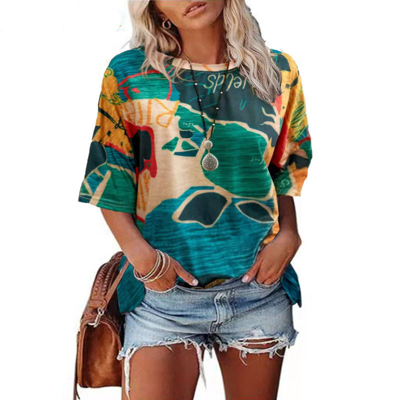 Autumn new women's tops round neck printing loose t-shirt tops