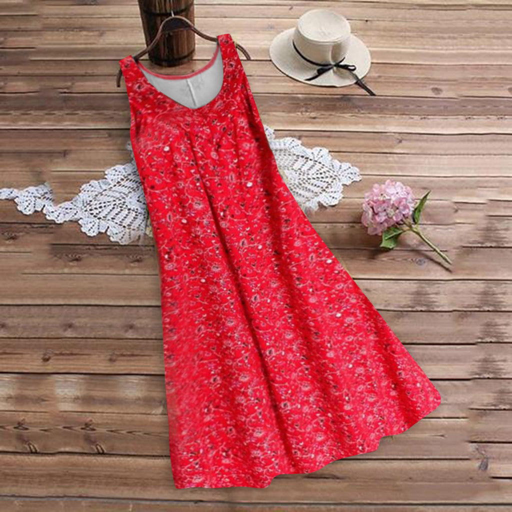 summer new women's round neck sleeveless print vest skirt beach loose dress