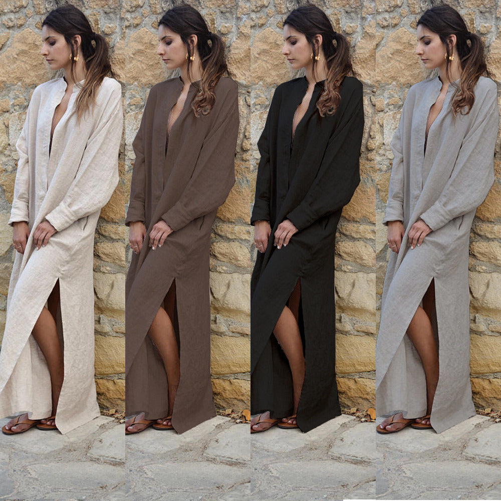 Women Autumn New V-neck Loose Long-sleeved Side Slit Dress