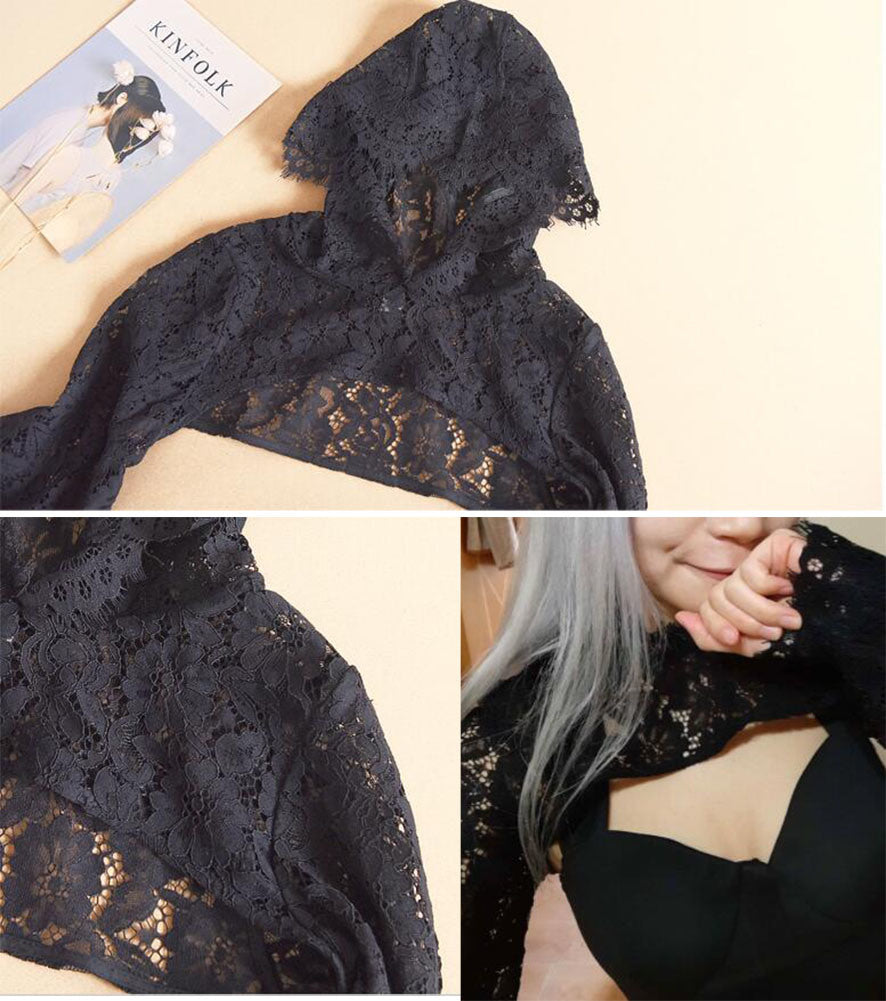 Ladies Hoodie Lace Hollow Long Sleeve Pullover Half Shirt Decor False Collar