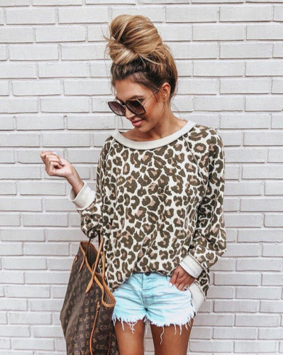 4 Colors Autumn and Winter Sexy Leopard Round Neck Long Sleeve Blouse