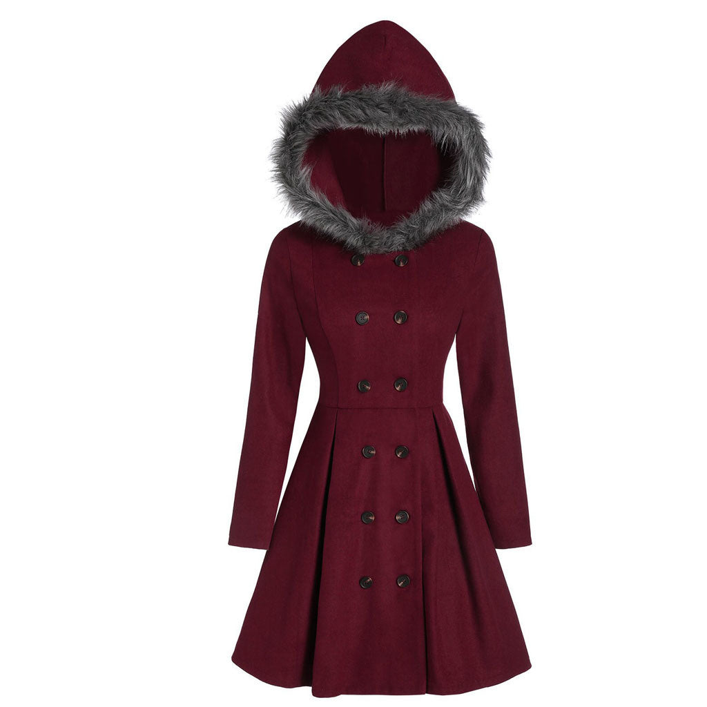 European and American women's princess dress hooded fur slim double-breasted midi coat