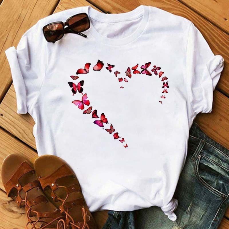 Watercolor Butterfly Heart Printed T Shirt New Women T-Shirt Harajuku Cute Graphic Tee Shirt Ladies Casual Female Tops Tee