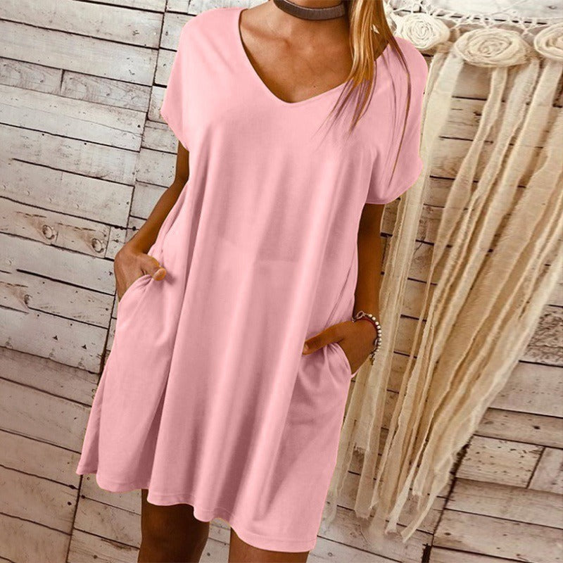 Short-sleeved Large Size Solid Color Dress Women's New Hot Sale