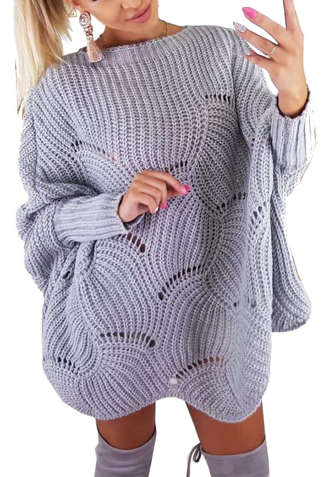 Women Fashion Casual Plus Size Pure Color Hollow Out Bat Sleeve Loose Sweater Autumn Tops