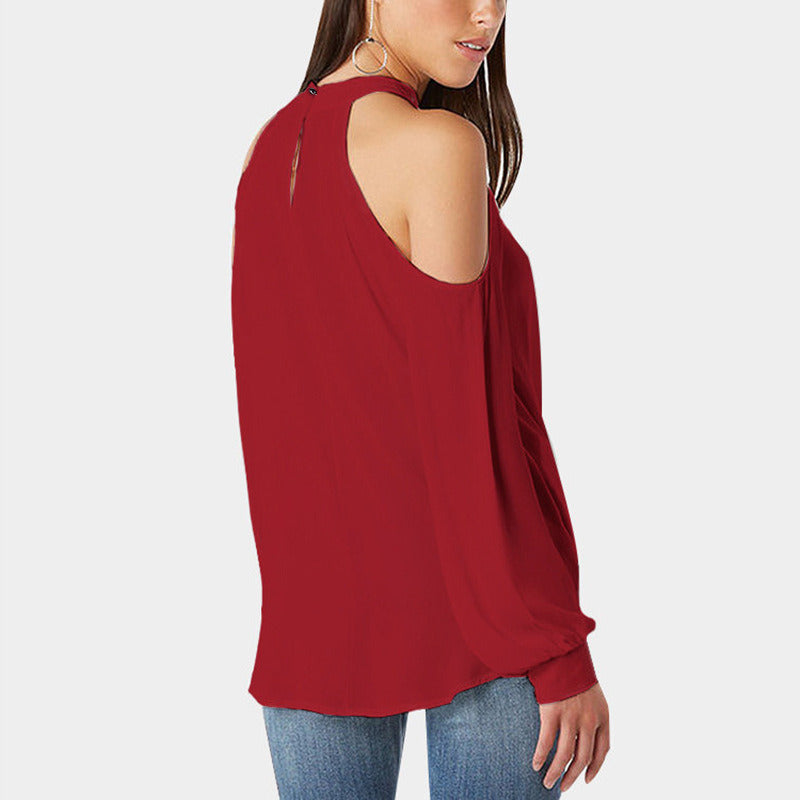 Women Fashion Loose Causal Long Sleeve Pure Color Off Shoulder Summer Shirts