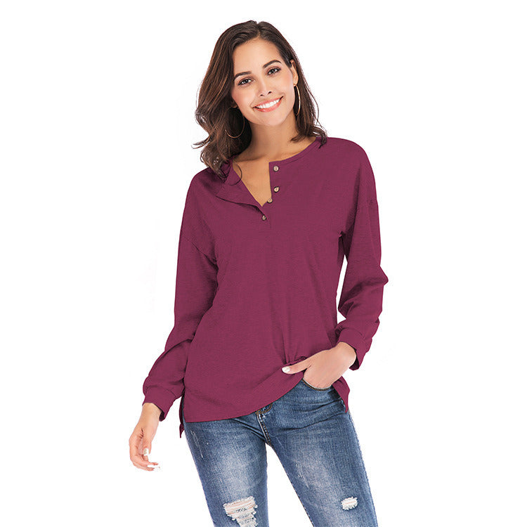 New women's side slit long sleeve button solid color shirt T-shirt