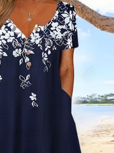 Plus Size Elegant Dress; Women's Plus Floral Print Button Up Short Sleeve Dress With Pockets