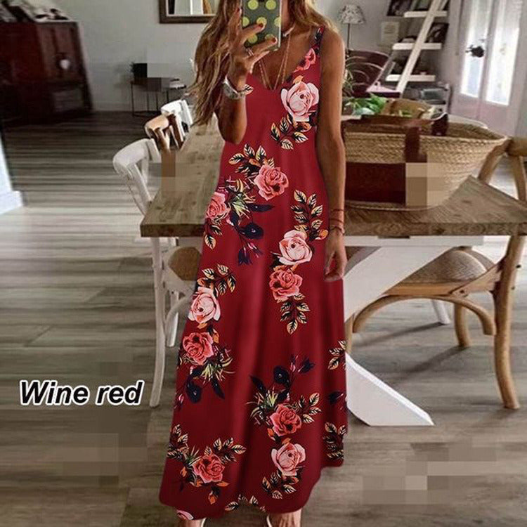 New summer women's dress print holiday dress suspenders long skirt Indian style swing skirt