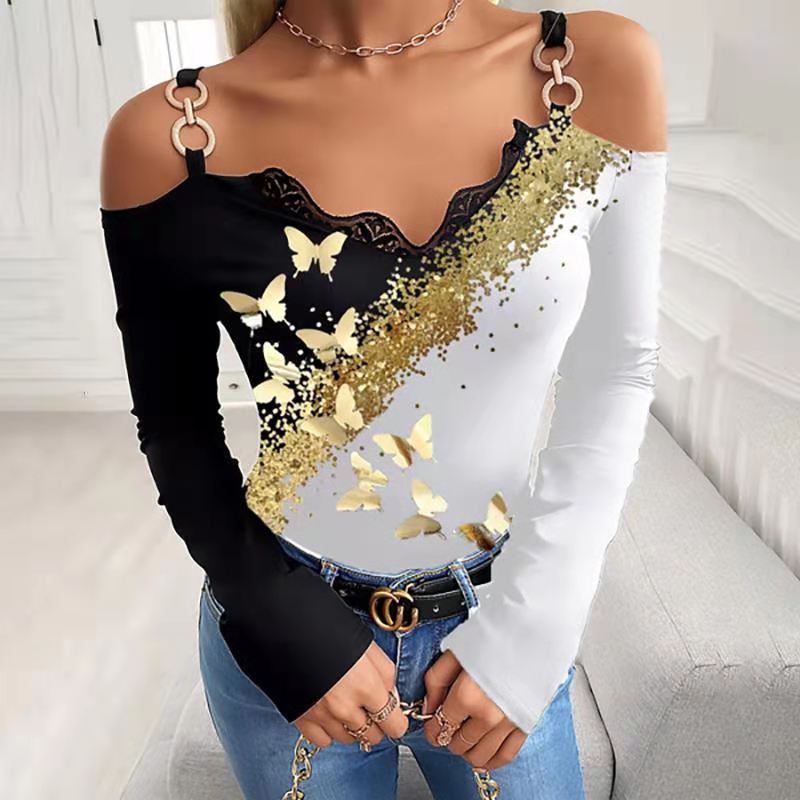 Women's Autumn New Bronzing Butterfly Print Off-shoulder Top T-shirt