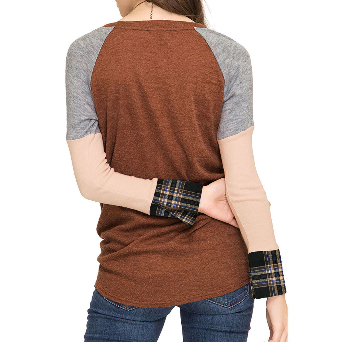 autumn and winter new European and American women's plaid stitching hem knotted T-shirt top