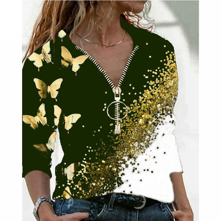 Women Autumn Spring Long Sleeve T Shirt Tops V Neck Zipper Butterfly Print Casual Plus Size 5XL Pullover T-shirt Fall Tops