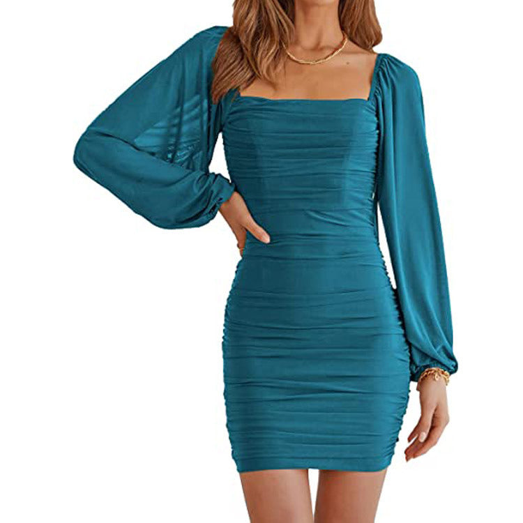 Women's Mesh Long Sleeve Square Neck Ruched Party Club Cocktail Bodycon Mini Dress