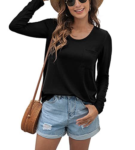 Feiersi Womens Tops Loose Long Sleeve Tshirts Casual Crew Neck Blouse with Pocket