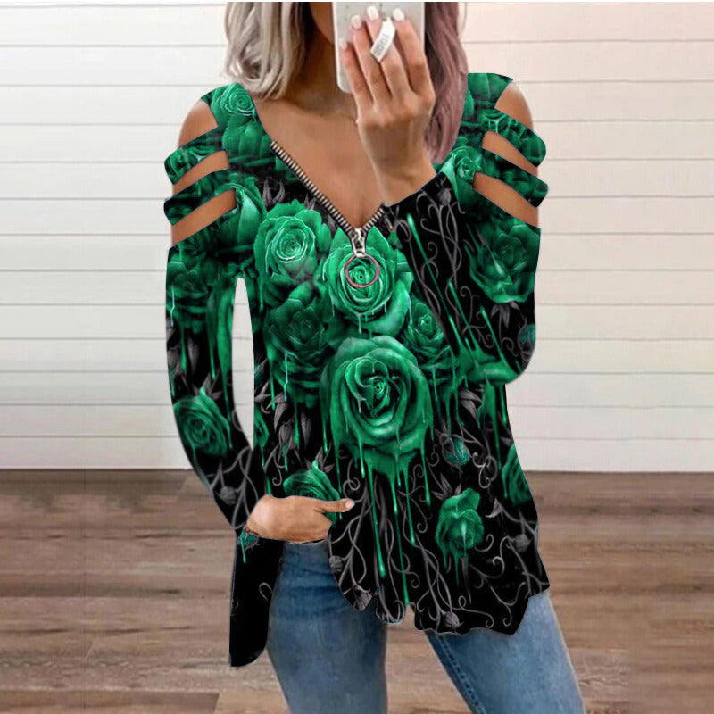 V Neck Zipper Long Sleeve Top Autumn Sexy Women Printed Hollow Out T Shirt Fashion Loose Off Shoulder Casual Plus Size Shirts