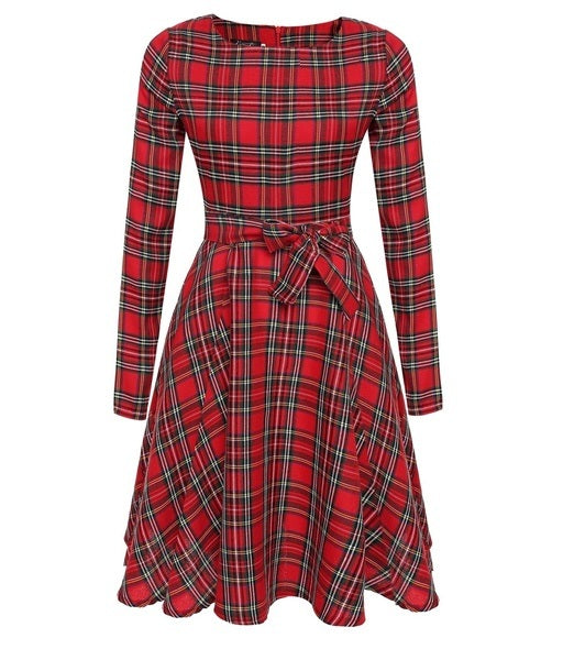 New Arrival Women Sexy Vintage Long Sleeve Plaid Cocktail Evening Party Long Dress