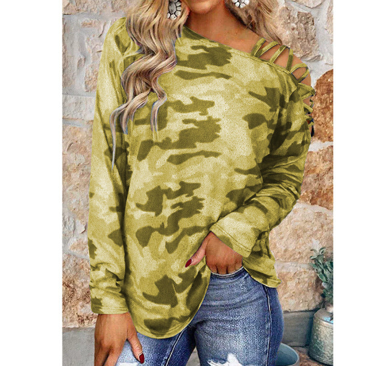 autumn and winter new women's tops off-shoulder camouflage print loose long-sleeved t-shirt