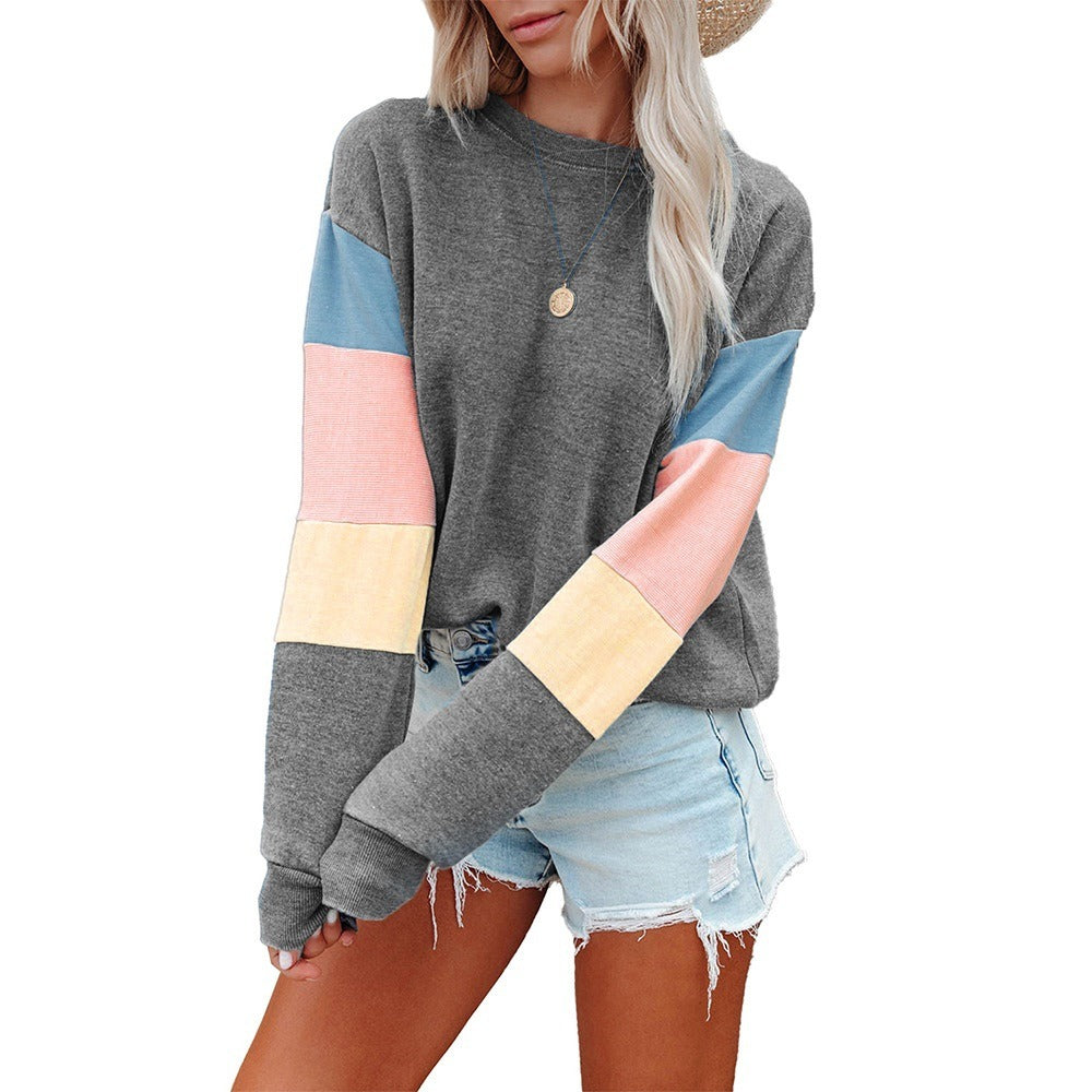 Shiying Pullover women's spring and autumn new round neck long sleeve contrast color long sleeve trendy T-shirt women