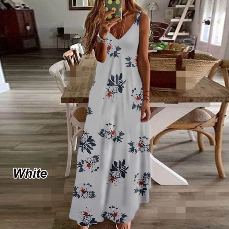 New summer women's dress print holiday dress suspenders long skirt Indian style swing skirt