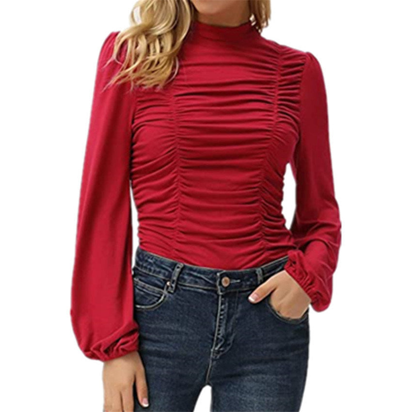 Autumn and Winter Women's New Solid Color Long Lantern Sleeves High Collar Pleated Slim T-shirt