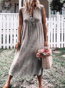 Summer New Women's Solid Color Sleeveless Loose Cotton and Linen Dress Big Swing Skirt