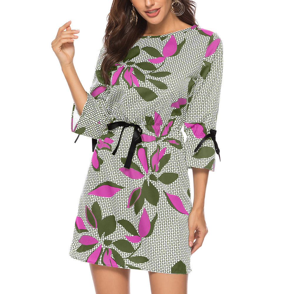 New women's dress chiffon print cropped sleeves waist long dress