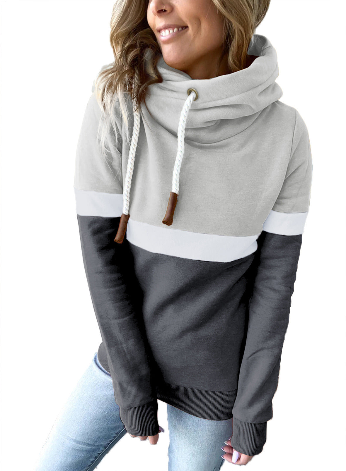 autumn and winter new women's hoodie solid color stitching casual high-neck fleece hooded sweater