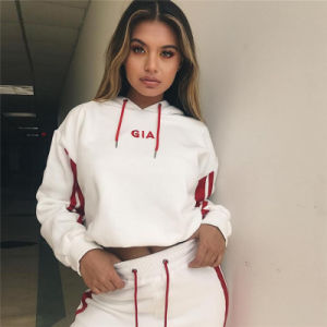 2 Piece Set Women Tracksuit Sportswear Casual White Red Sweat Pants Hooded Cropped Sweatshirt Hoodie