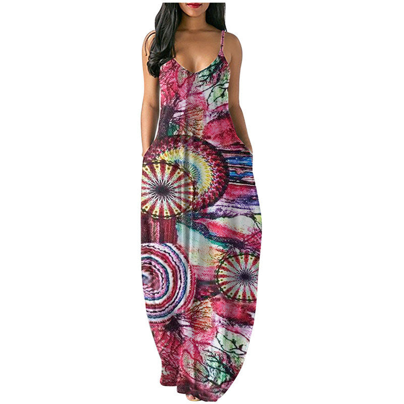 Summer New Plus Size Women's Fancy Print Sexy Deep V Sling Dress