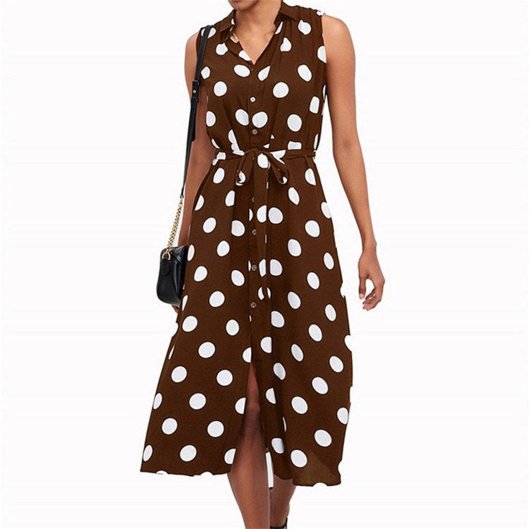 New Dress Sleeveless Polka Dot High Waist Lace-up Women's Chiffon Dress