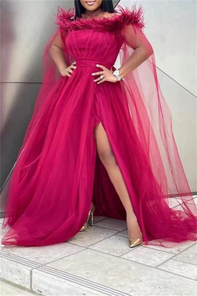 Spring Summer Plus Size Slit Evening Dress Women Loose Unique Feather Collar Tulle Sleeves Trailing Skirt Wedding Bridesmaid Red