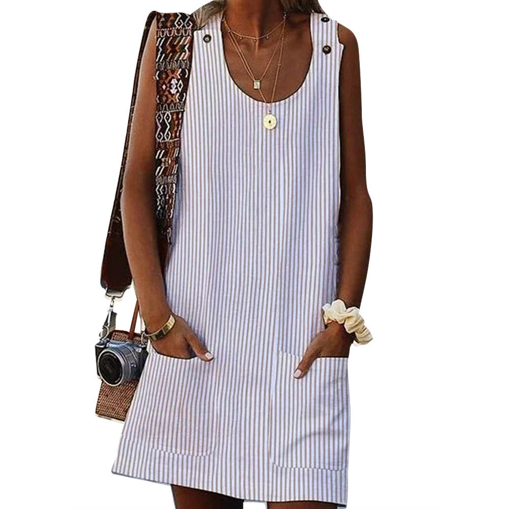 Women's New Summer Sleeveless Striped Button Pocket Dress