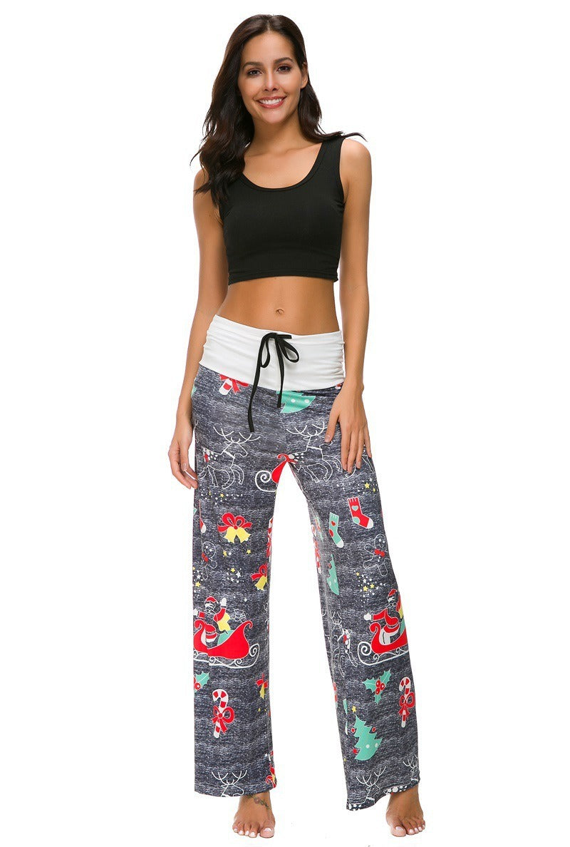 Christmas Snowflake Elk Print Stitched Casual Wide Leg Pants