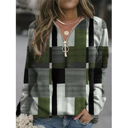 autumn and winter new women's sweater V-neck zipper plaid printed fleece jacket