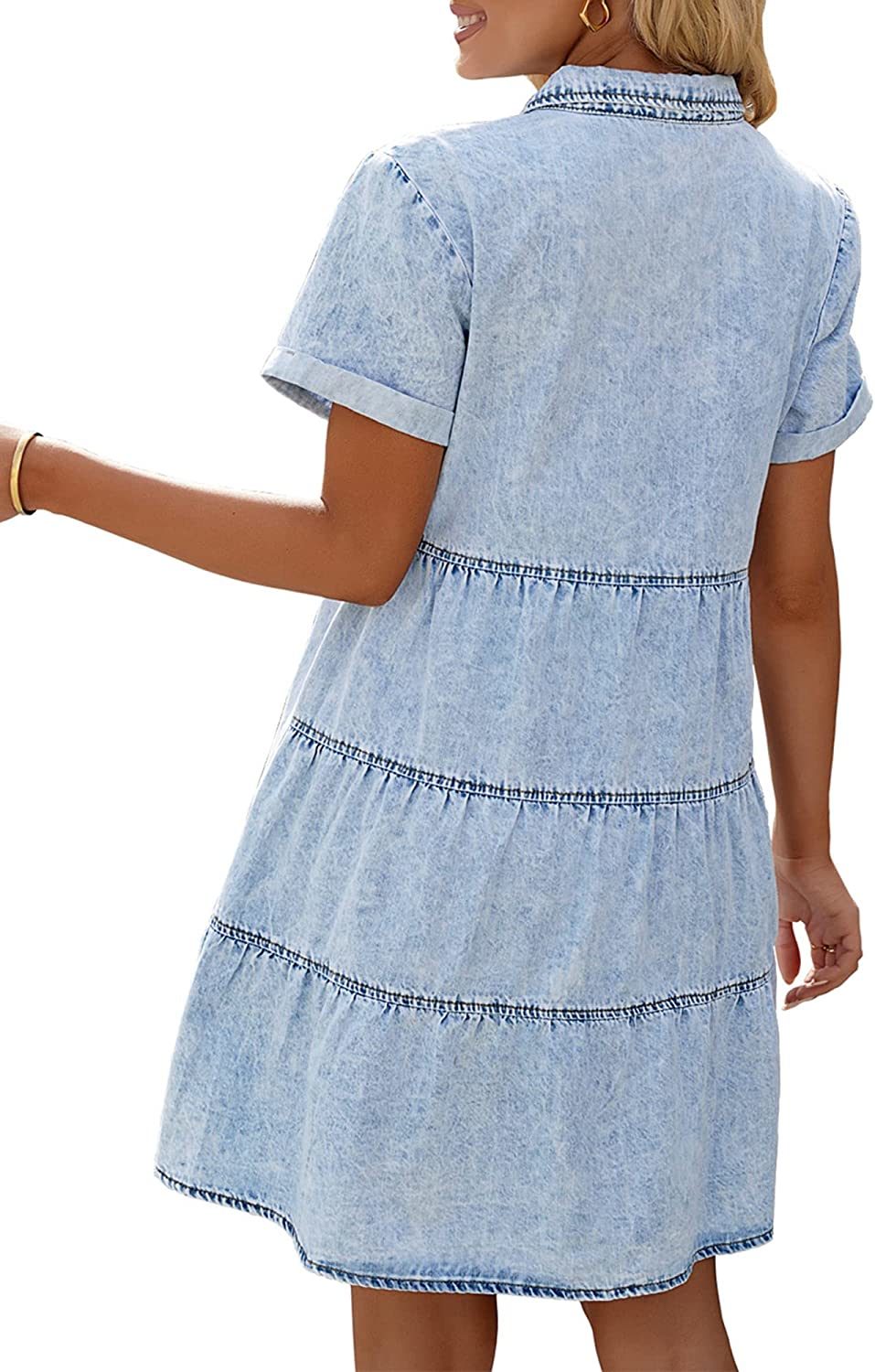 Denim Dress for Women Summer Dress Short Sleeve Button Down Tiered Babydoll Denim Jean Dress