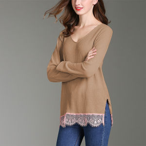 autumn and winter new women's round neck Lei Si stitching solid color sweater