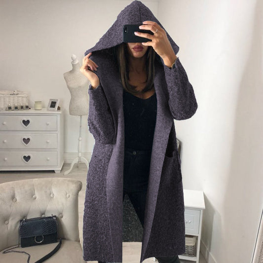 Europe and America autumn and winter new hooded loose long section with belt woolen coat