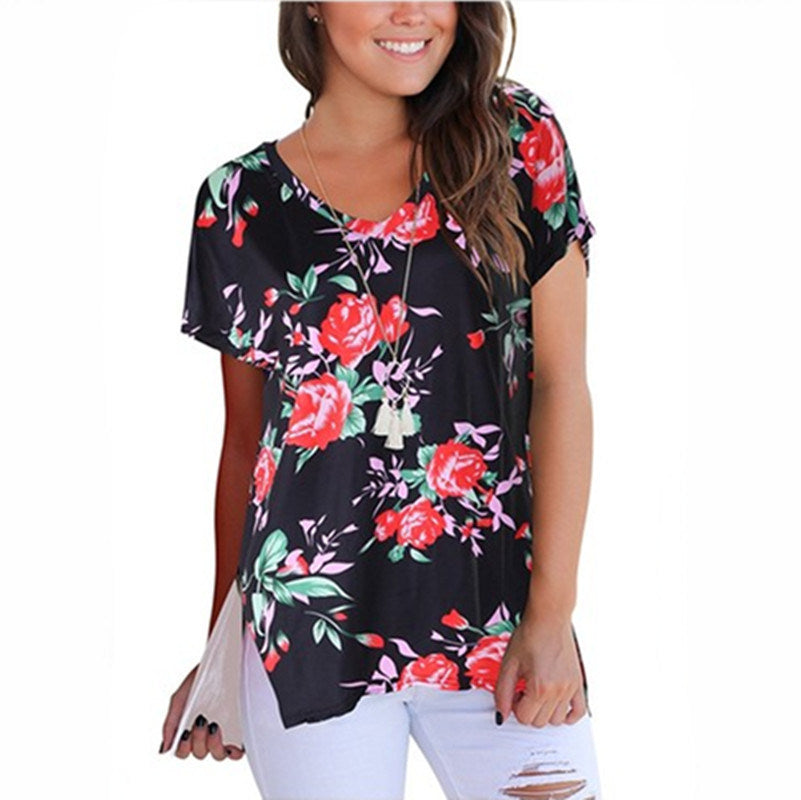 New women's V-neck print short front long split t-shirt