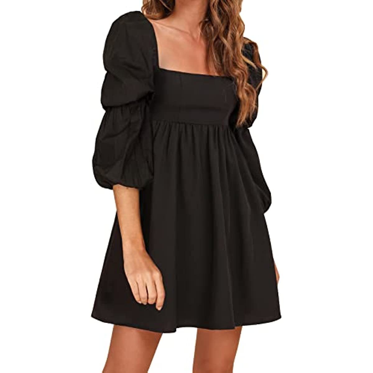 Womens Square Neck Dress Long Puff Sleeve A-Line Casual Short Mini Dress