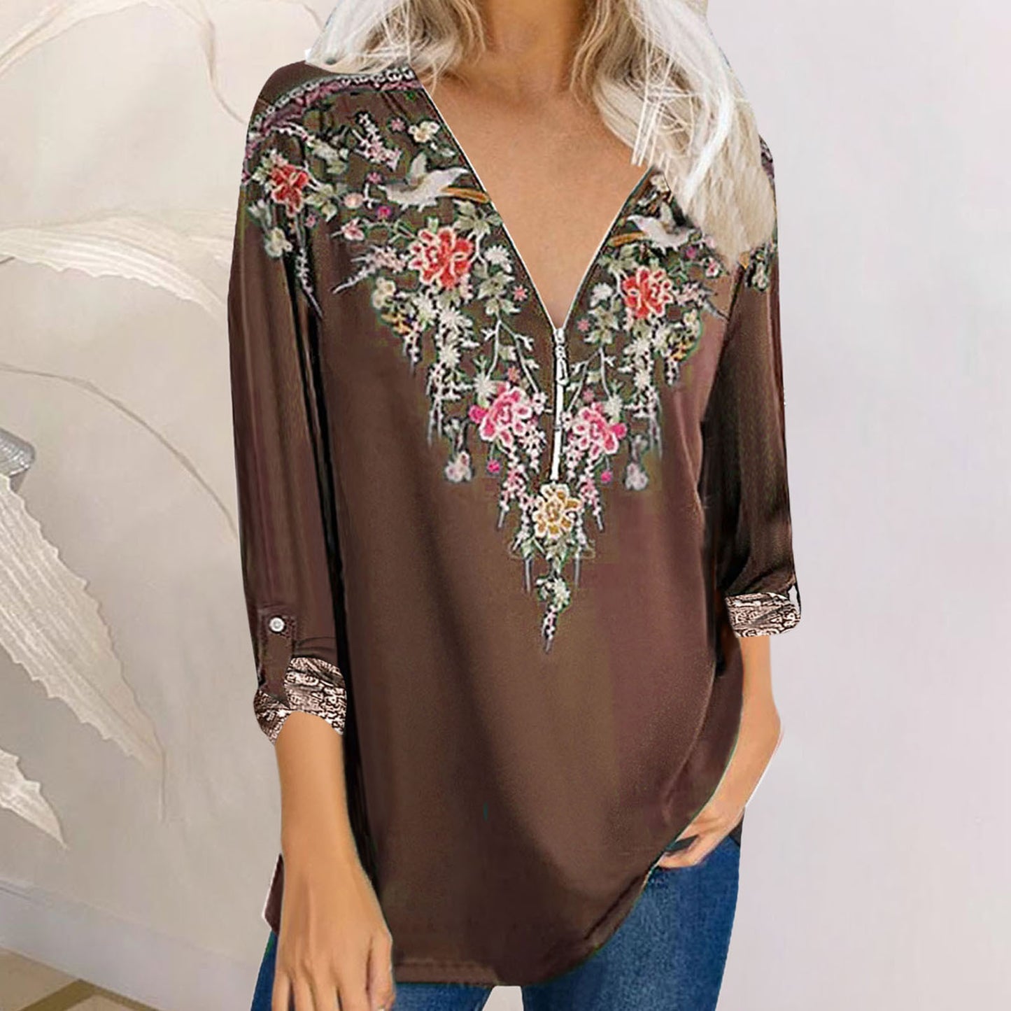 Autumn New Women's Printed Temperament Ethnic Style Long-sleeved V-neck Blouse