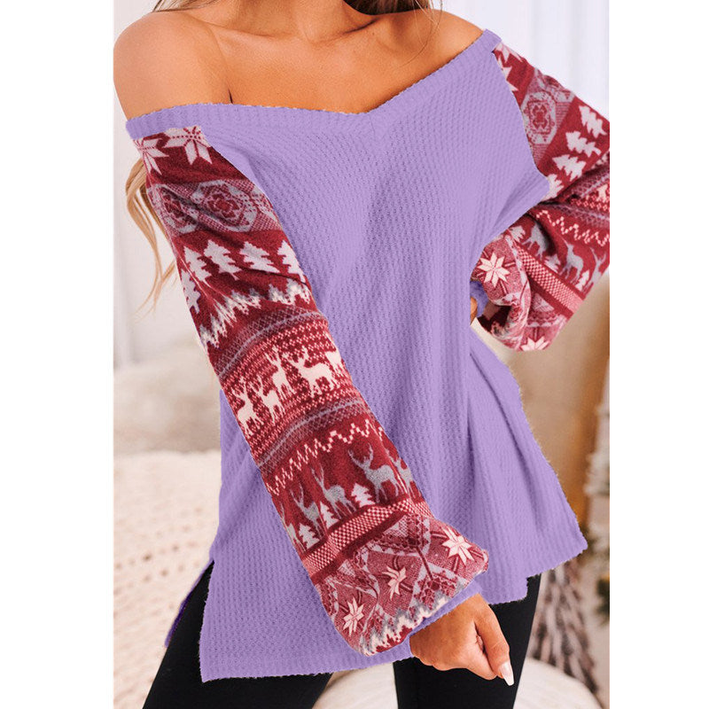 Winter Christmas New Ladies V-neck Side Slit Knitted Christmas Print Lantern Sleeve Sweater