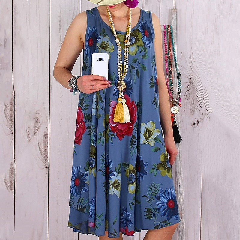 summer women's fashion new loose print sleeveless dress